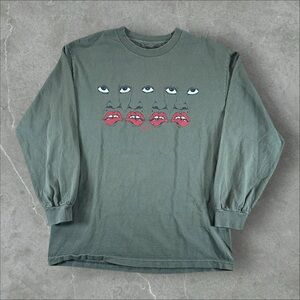 Vintage Art Shirt Mens Medium Green 90s Lips‎ Faces Obscure Rare Long Sleeve